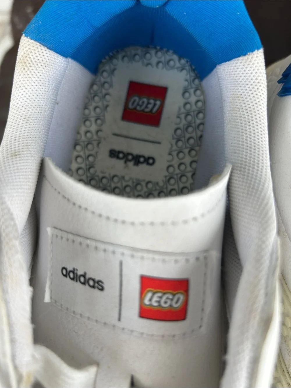 ADIDAS Men’s White Sneakers with Bright Blue LEGOS….. LEGO WORLD!!!!